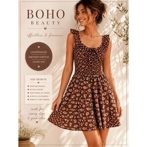 Boho Brown Floral Smocked Mini Dress Ruffle Strap Summer Medium
